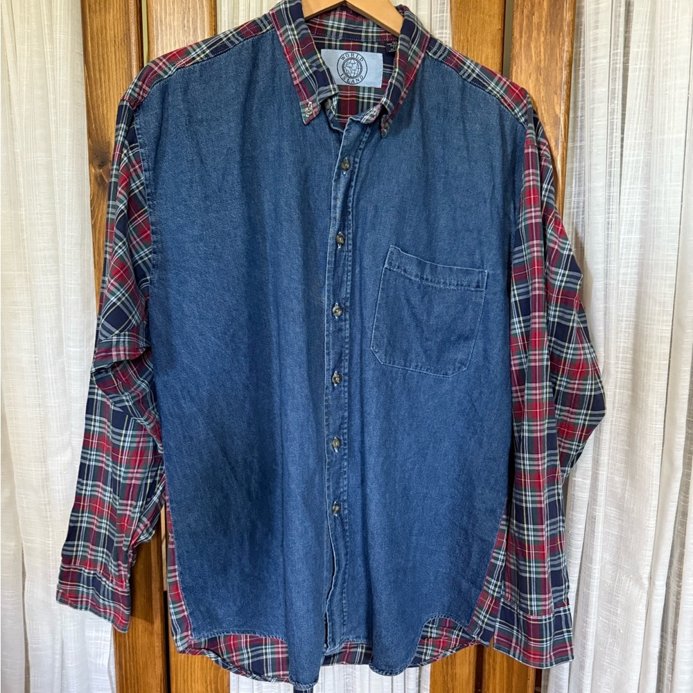 World Island Denim and Plaid Button-Up Shirt